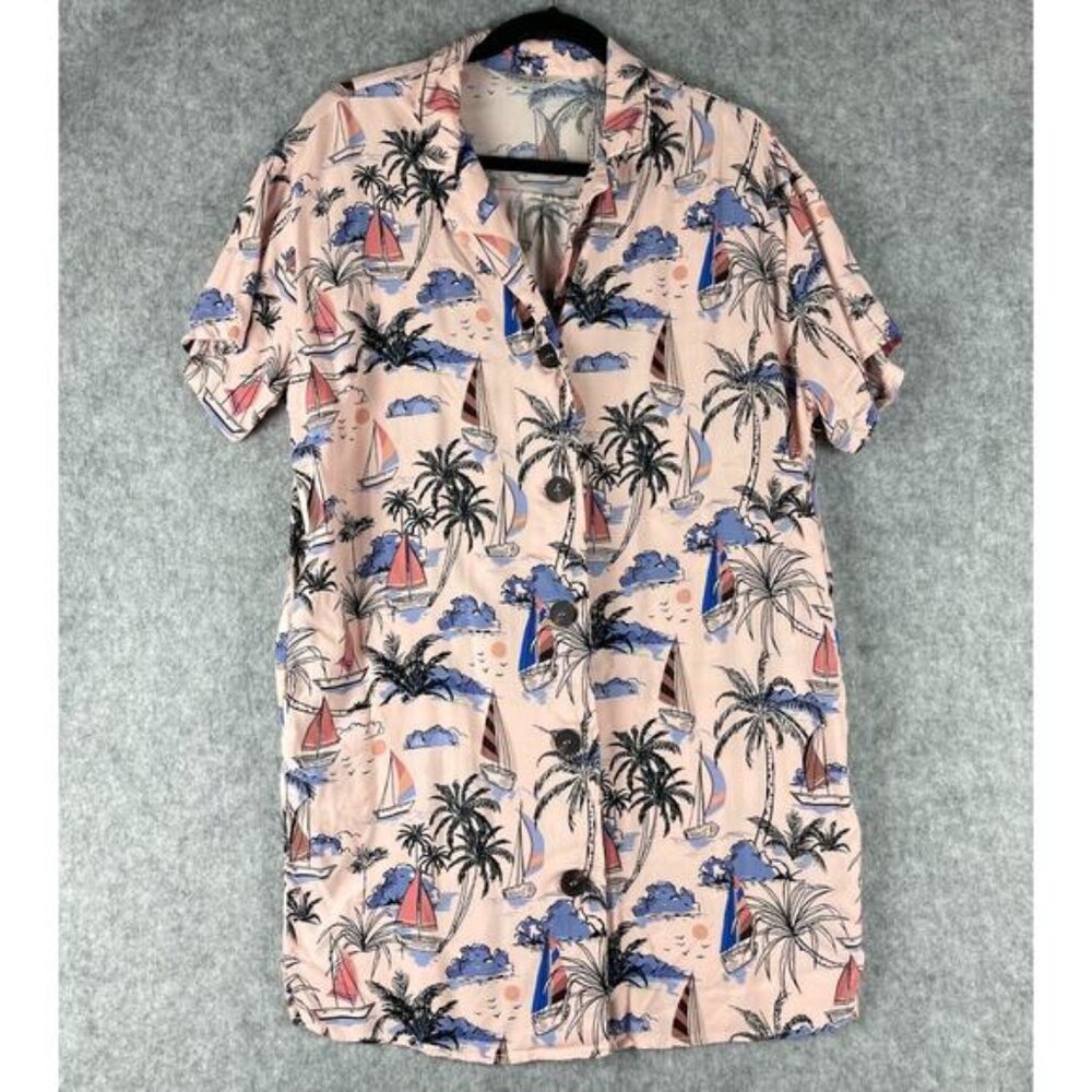 Modcloth Pepaloves Shirtdress Womens Medium Pink Rayon Tropical Beach Aloha